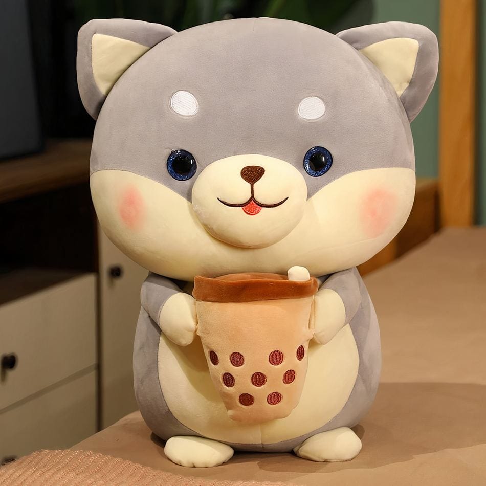 La Peluche 20cm / Gris Peluche chien avec Bubble Tea